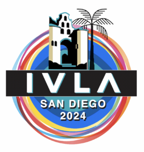 Graphic conference logo featuring a palm tree, a building in front of colorful swirls of red, yellow, pink, blue and aqua. There is text that reads "IVLA, San Diego, 2024".